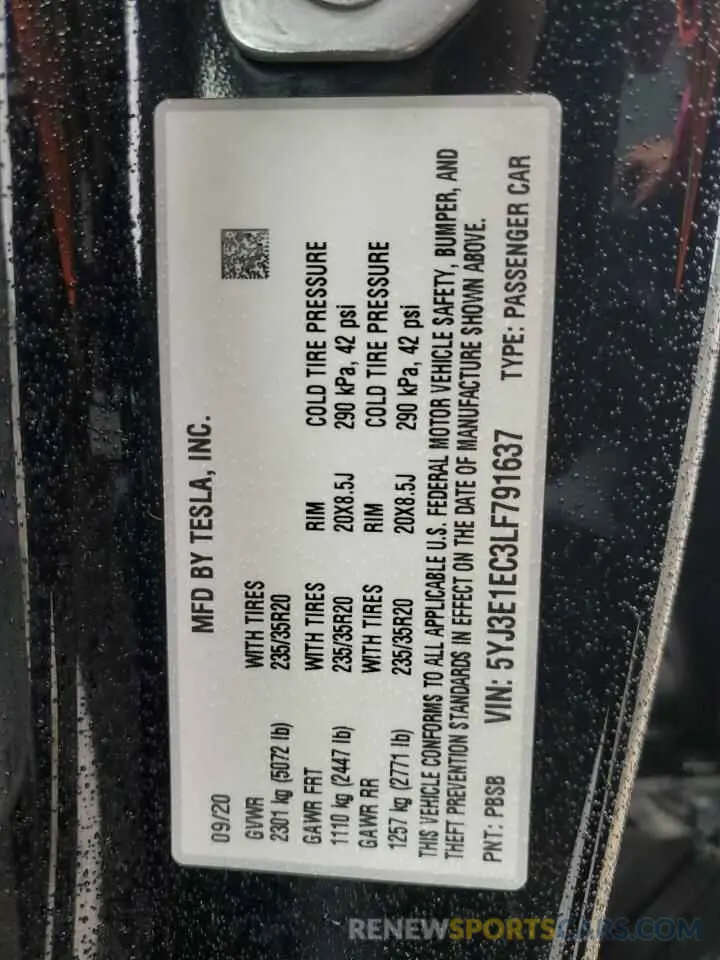 12 Photograph of a damaged car 5YJ3E1EC3LF791637 TESLA MODEL 3 2020