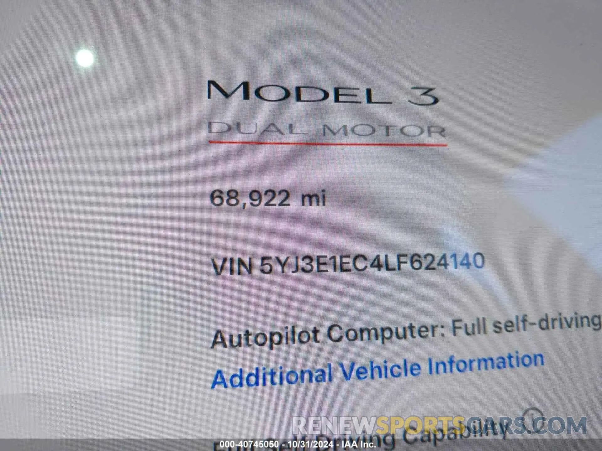 15 Photograph of a damaged car 5YJ3E1EC4LF624140 TESLA MODEL 3 2020