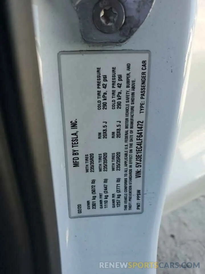14 Photograph of a damaged car 5YJ3E1EC4LF641472 TESLA MODEL 3 2020