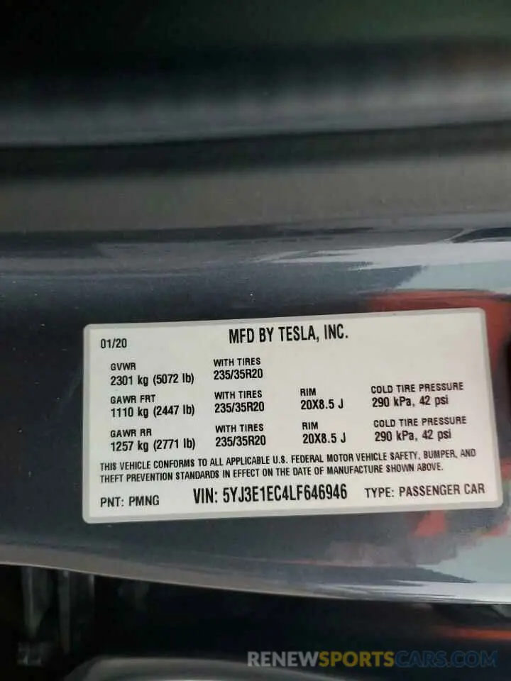 12 Photograph of a damaged car 5YJ3E1EC4LF646946 TESLA MODEL 3 2020