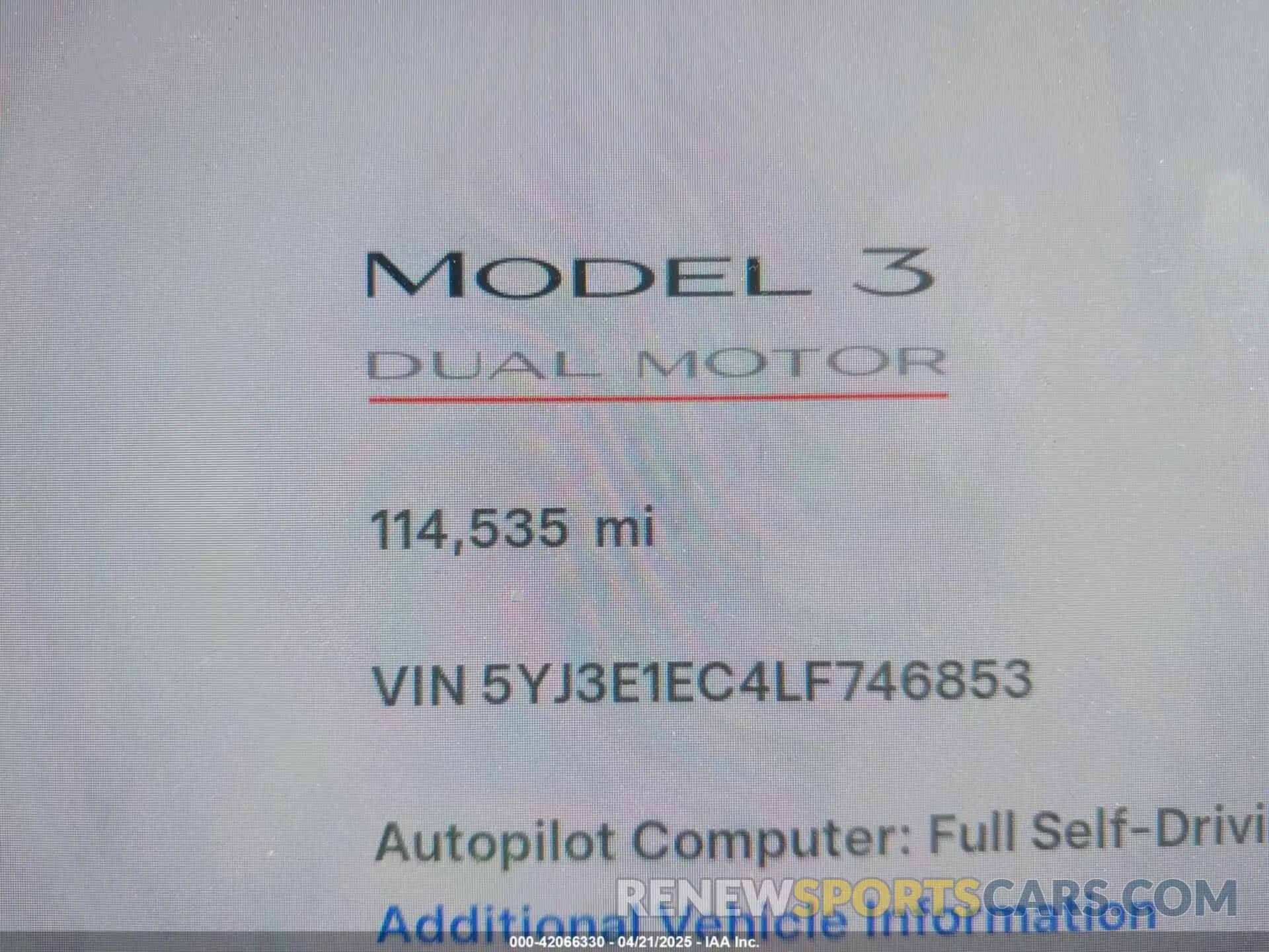 15 Photograph of a damaged car 5YJ3E1EC4LF746853 TESLA MODEL 3 2020