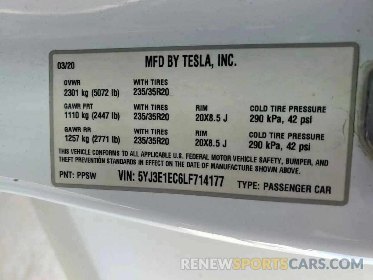 12 Photograph of a damaged car 5YJ3E1EC6LF714177 TESLA MODEL 3 2020
