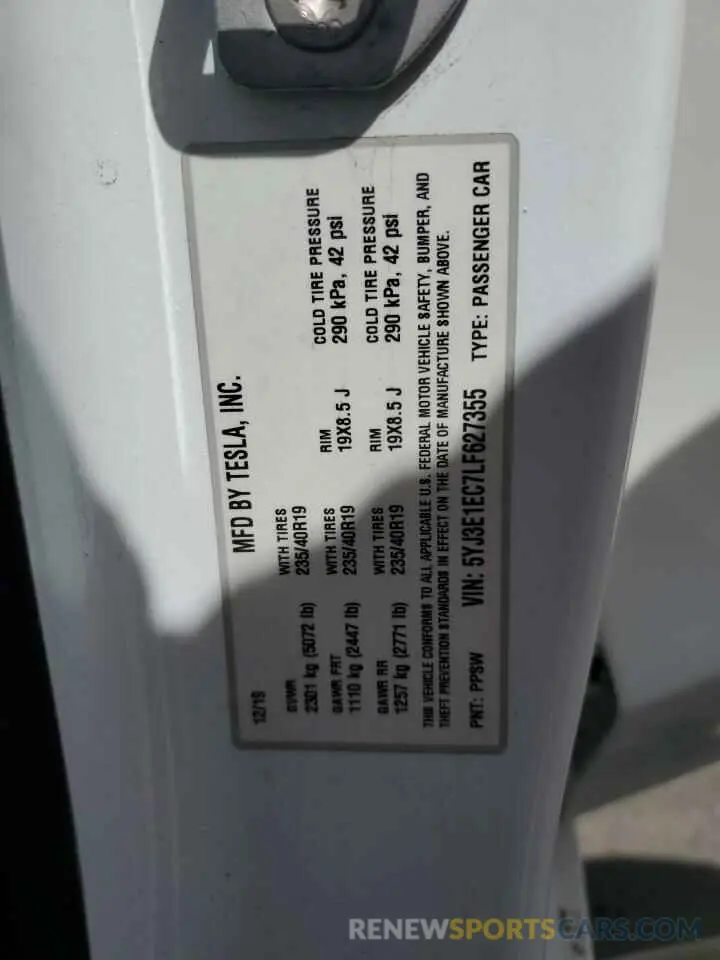 13 Photograph of a damaged car 5YJ3E1EC7LF627355 TESLA MODEL 3 2020