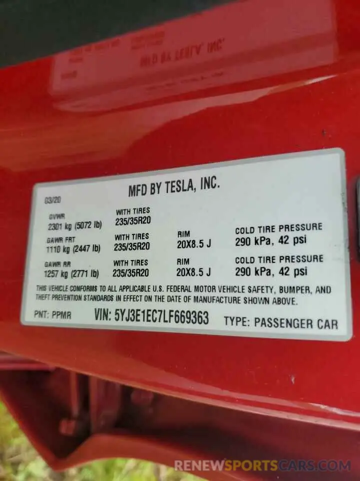 14 Photograph of a damaged car 5YJ3E1EC7LF669363 TESLA MODEL 3 2020