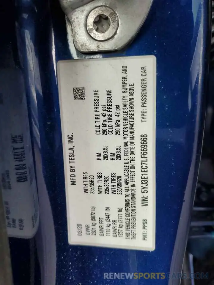 12 Photograph of a damaged car 5YJ3E1EC7LF669668 TESLA MODEL 3 2020