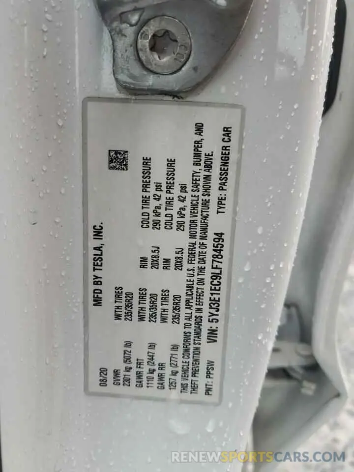 12 Photograph of a damaged car 5YJ3E1EC9LF784594 TESLA MODEL 3 2020