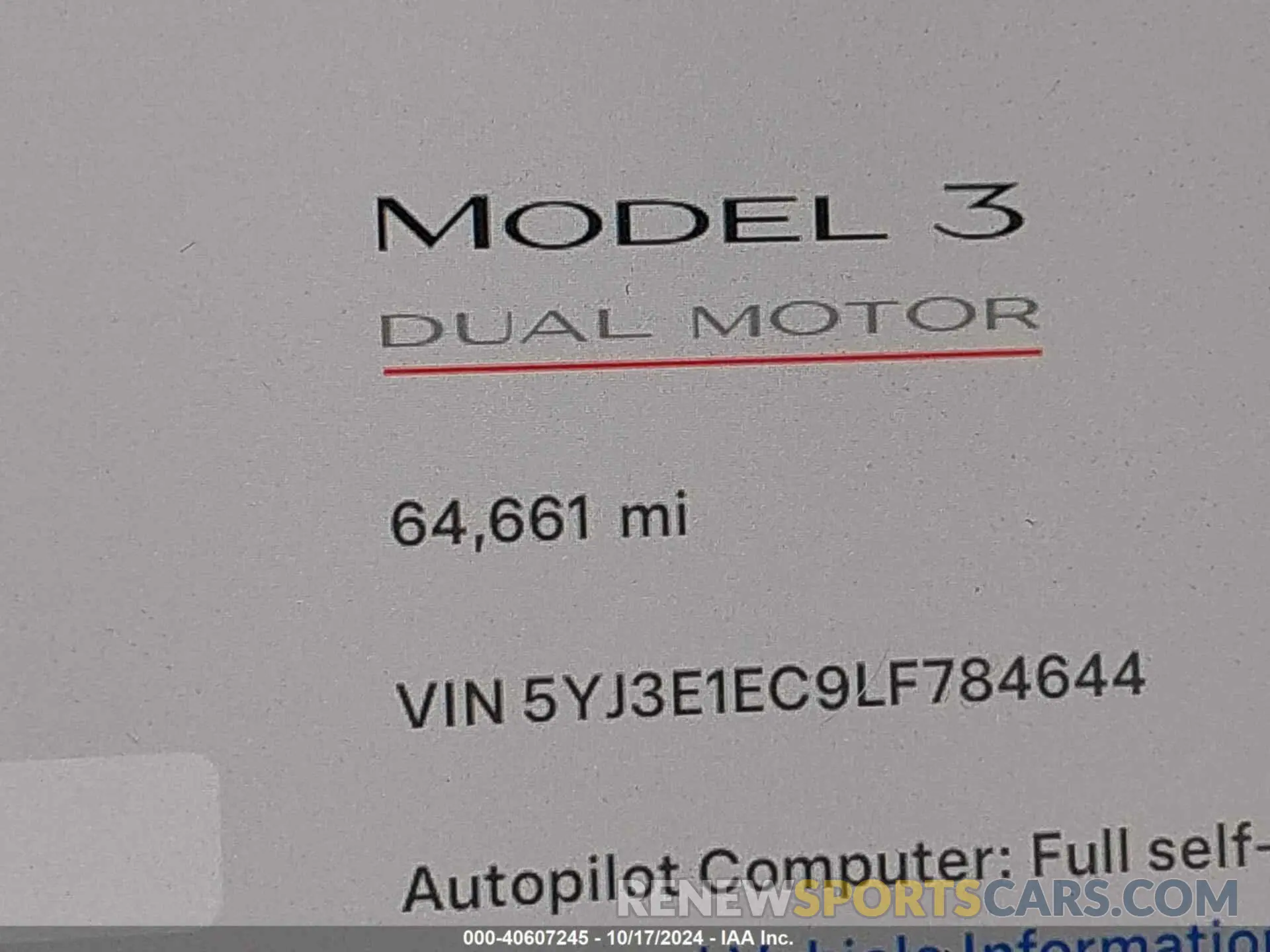 15 Photograph of a damaged car 5YJ3E1EC9LF784644 TESLA MODEL 3 2020