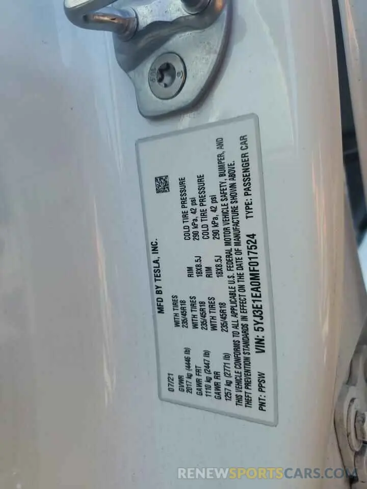 12 Photograph of a damaged car 5YJ3E1EA0MF017524 TESLA MODEL 3 2021