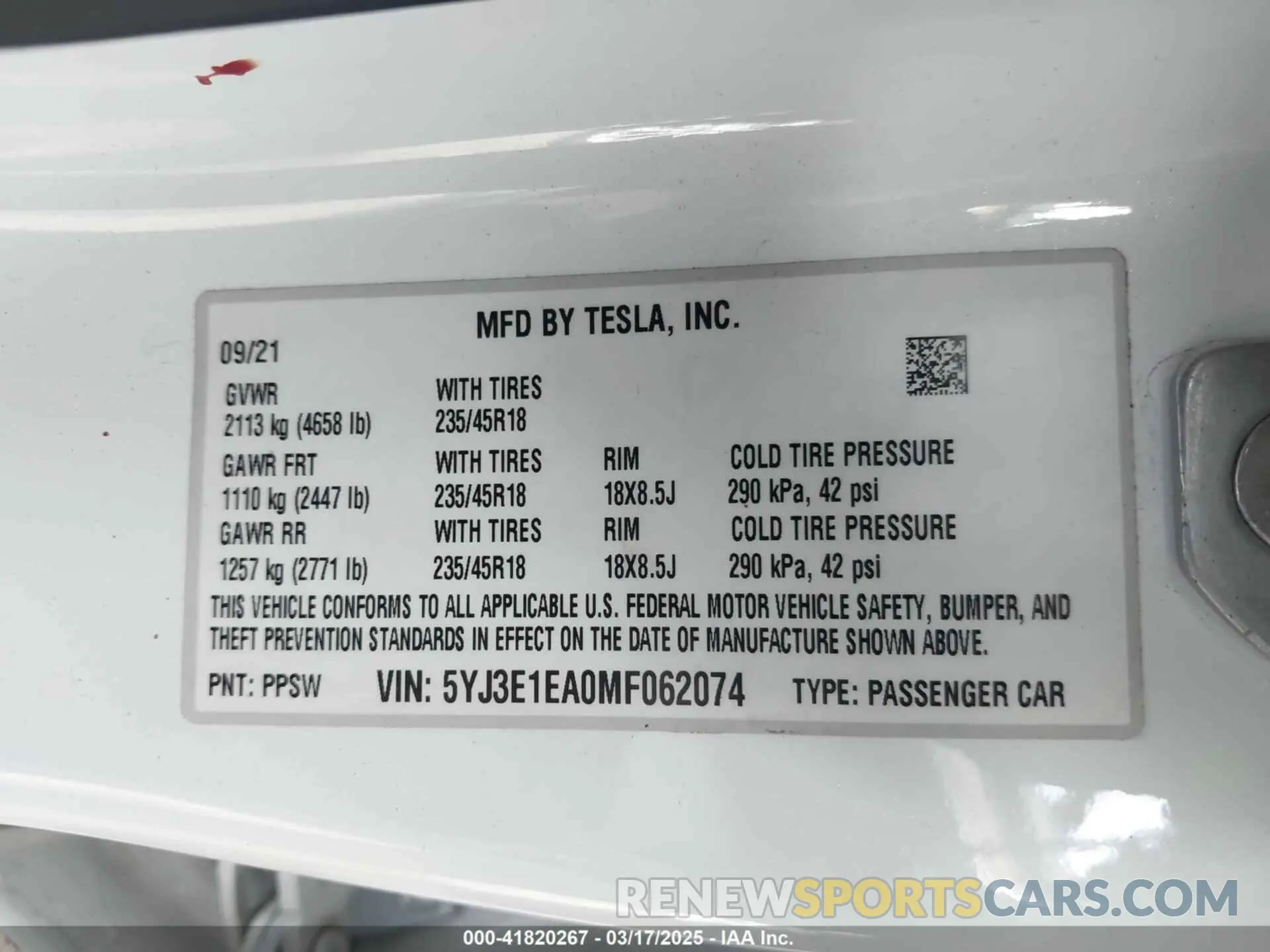 9 Photograph of a damaged car 5YJ3E1EA0MF062074 TESLA MODEL 3 2021