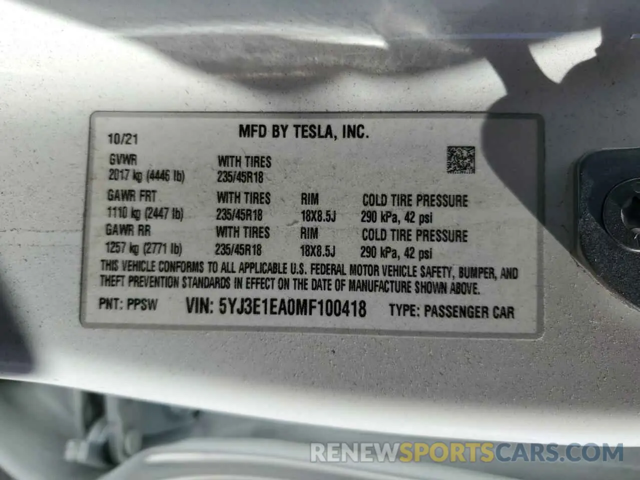 13 Photograph of a damaged car 5YJ3E1EA0MF100418 TESLA MODEL 3 2021