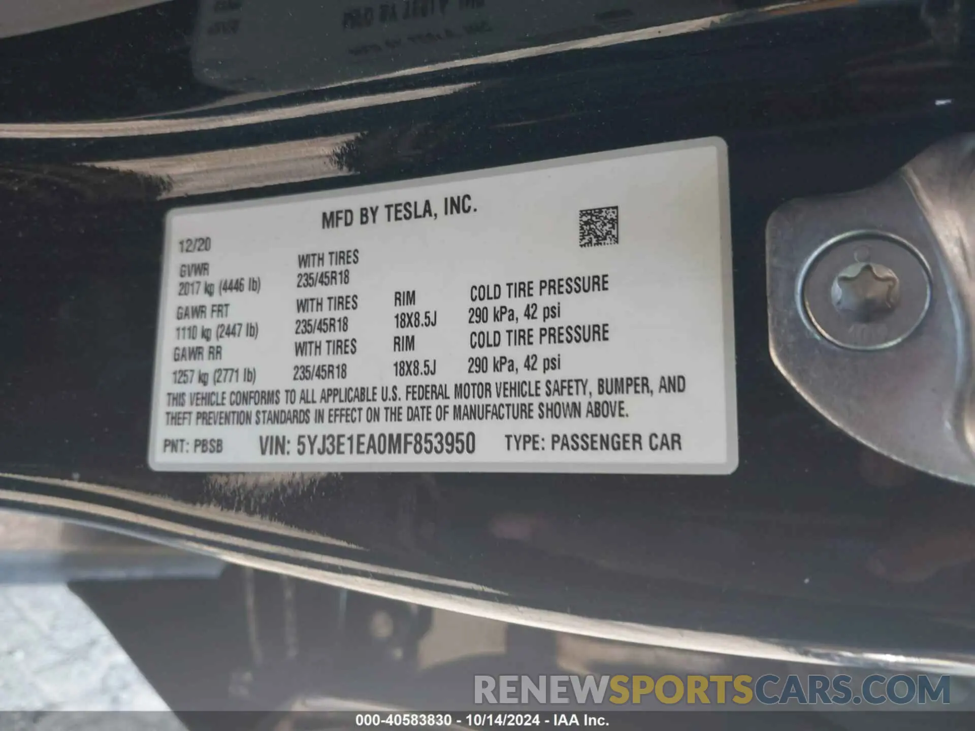 9 Photograph of a damaged car 5YJ3E1EA0MF853950 TESLA MODEL 3 2021