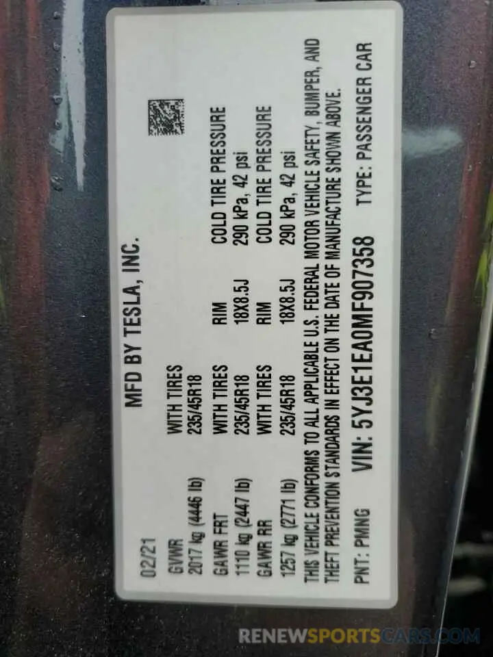 12 Photograph of a damaged car 5YJ3E1EA0MF907358 TESLA MODEL 3 2021