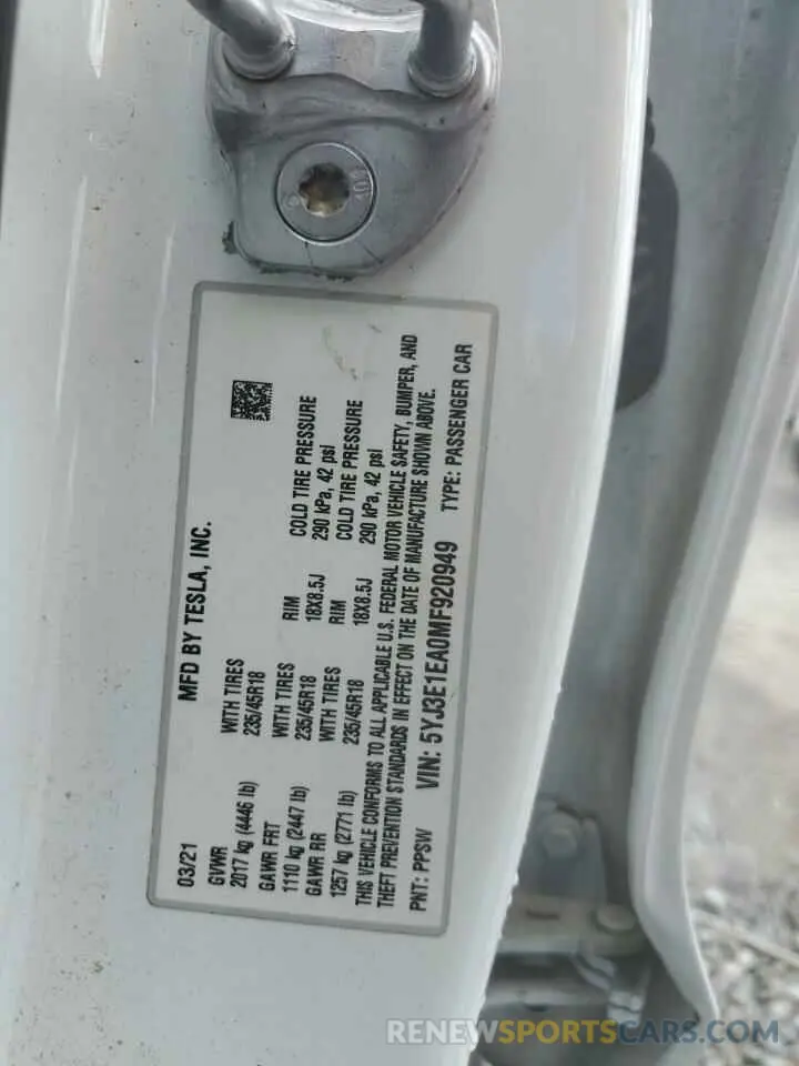 12 Photograph of a damaged car 5YJ3E1EA0MF920949 TESLA MODEL 3 2021
