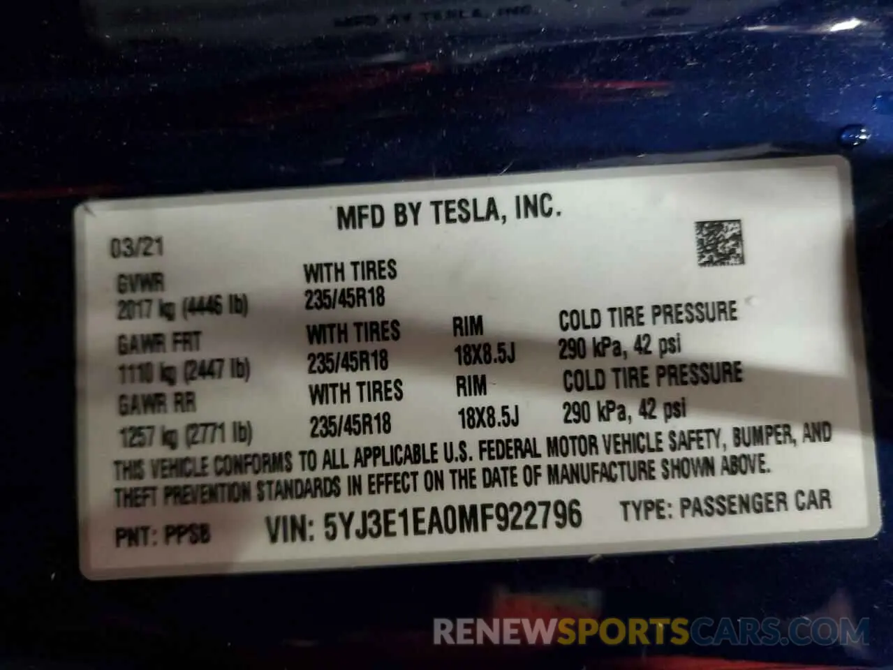 13 Photograph of a damaged car 5YJ3E1EA0MF922796 TESLA MODEL 3 2021