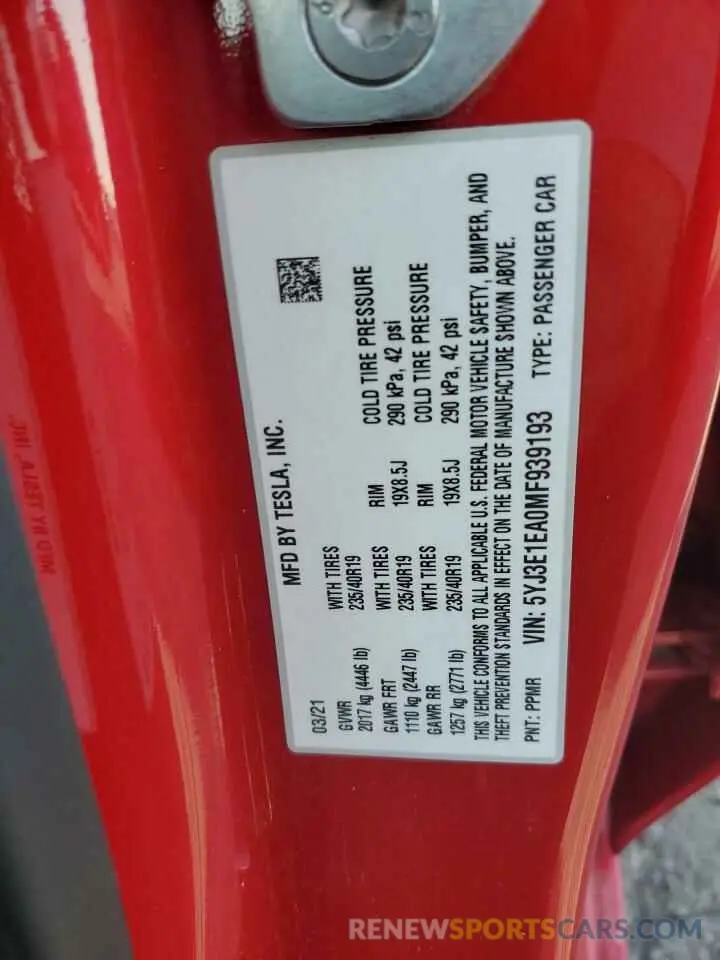 13 Photograph of a damaged car 5YJ3E1EA0MF939193 TESLA MODEL 3 2021