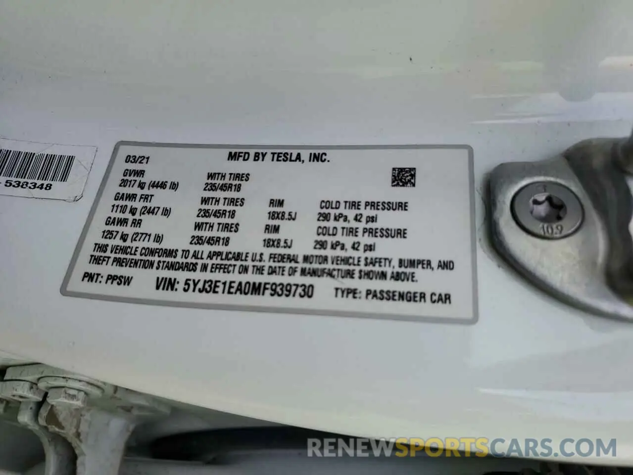 15 Photograph of a damaged car 5YJ3E1EA0MF939730 TESLA MODEL 3 2021