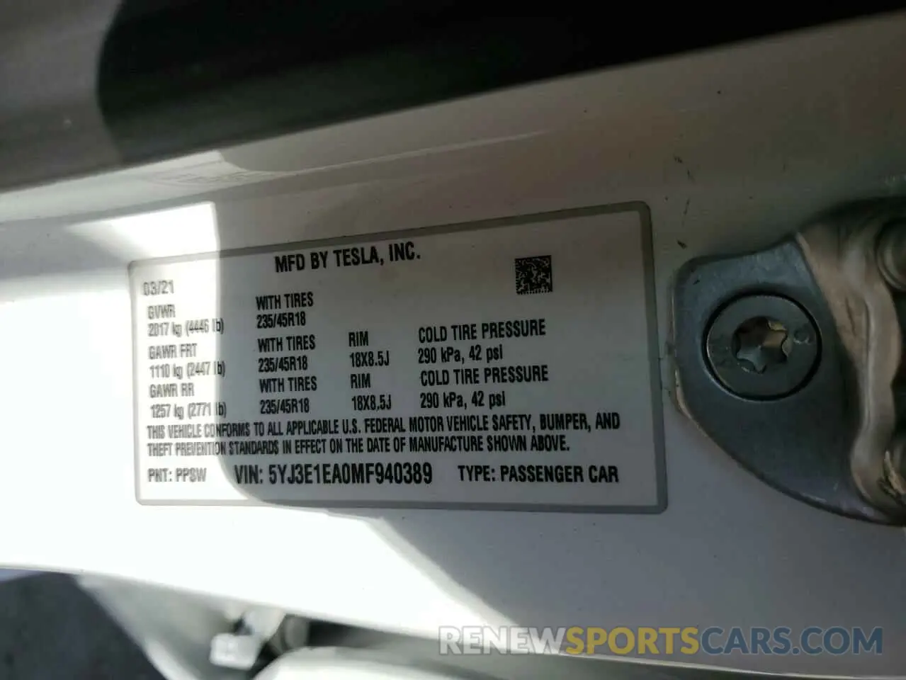 12 Photograph of a damaged car 5YJ3E1EA0MF940389 TESLA MODEL 3 2021