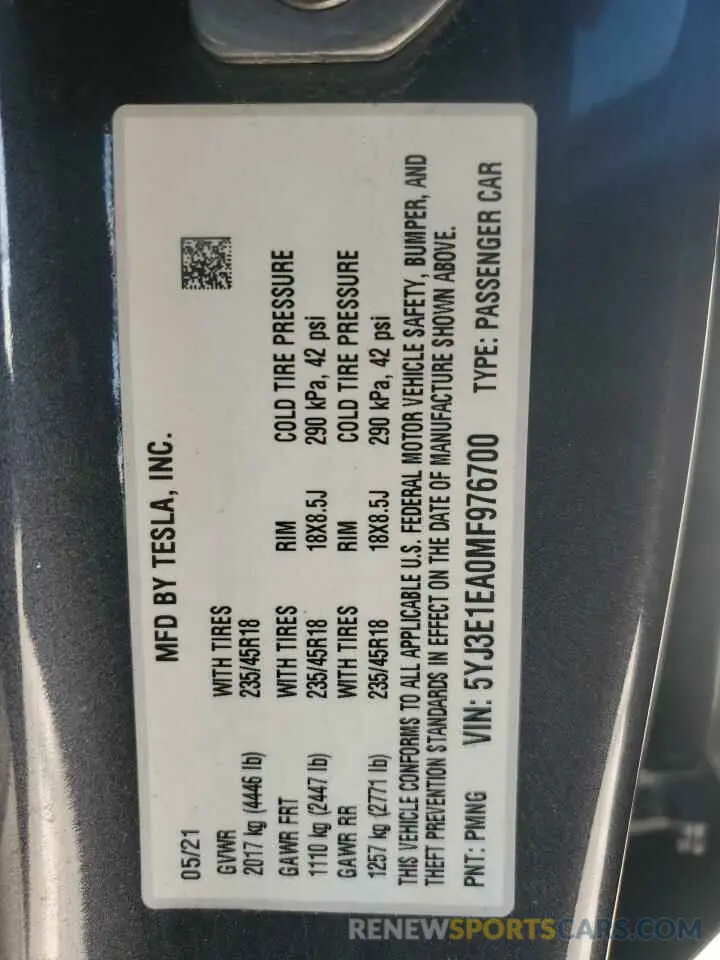 13 Photograph of a damaged car 5YJ3E1EA0MF976700 TESLA MODEL 3 2021