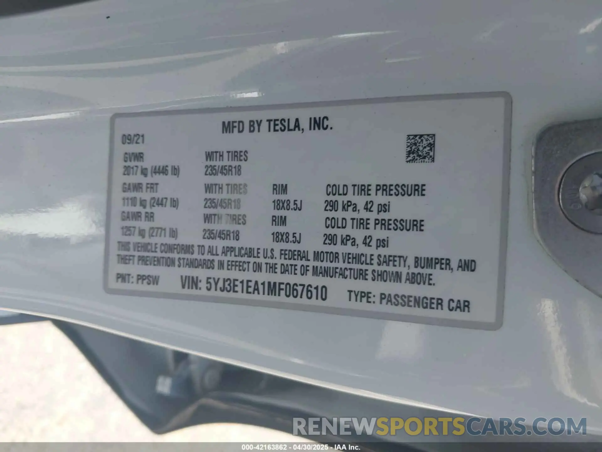 9 Photograph of a damaged car 5YJ3E1EA1MF067610 TESLA MODEL 3 2021