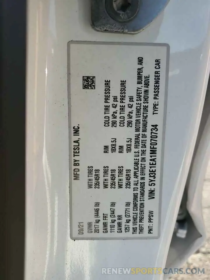 12 Photograph of a damaged car 5YJ3E1EA1MF070734 TESLA MODEL 3 2021