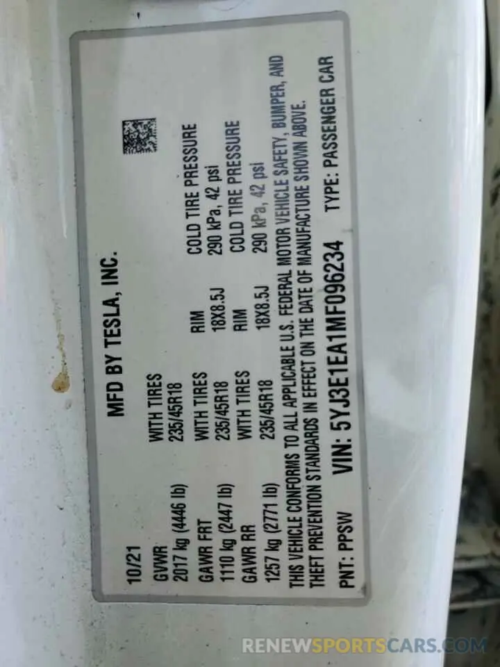 12 Photograph of a damaged car 5YJ3E1EA1MF096234 TESLA MODEL 3 2021