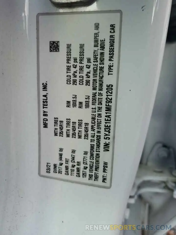 12 Photograph of a damaged car 5YJ3E1EA1MF921205 TESLA MODEL 3 2021