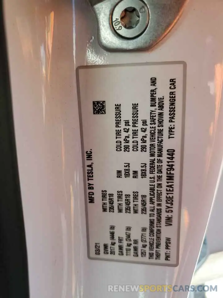13 Photograph of a damaged car 5YJ3E1EA1MF941440 TESLA MODEL 3 2021
