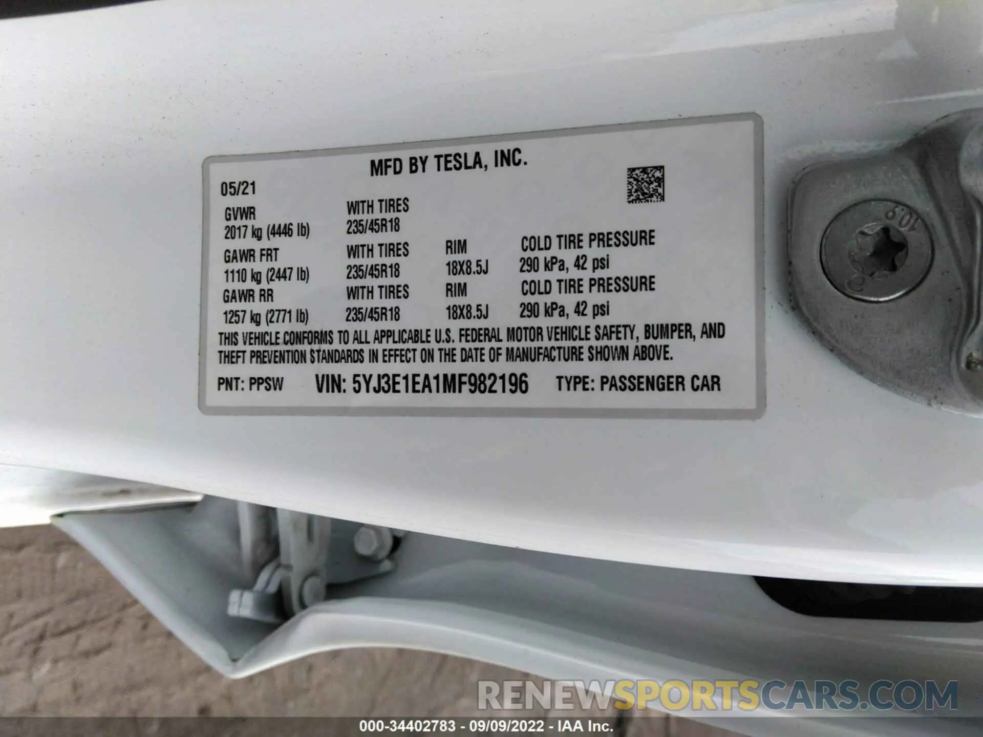 9 Photograph of a damaged car 5YJ3E1EA1MF982196 TESLA MODEL 3 2021