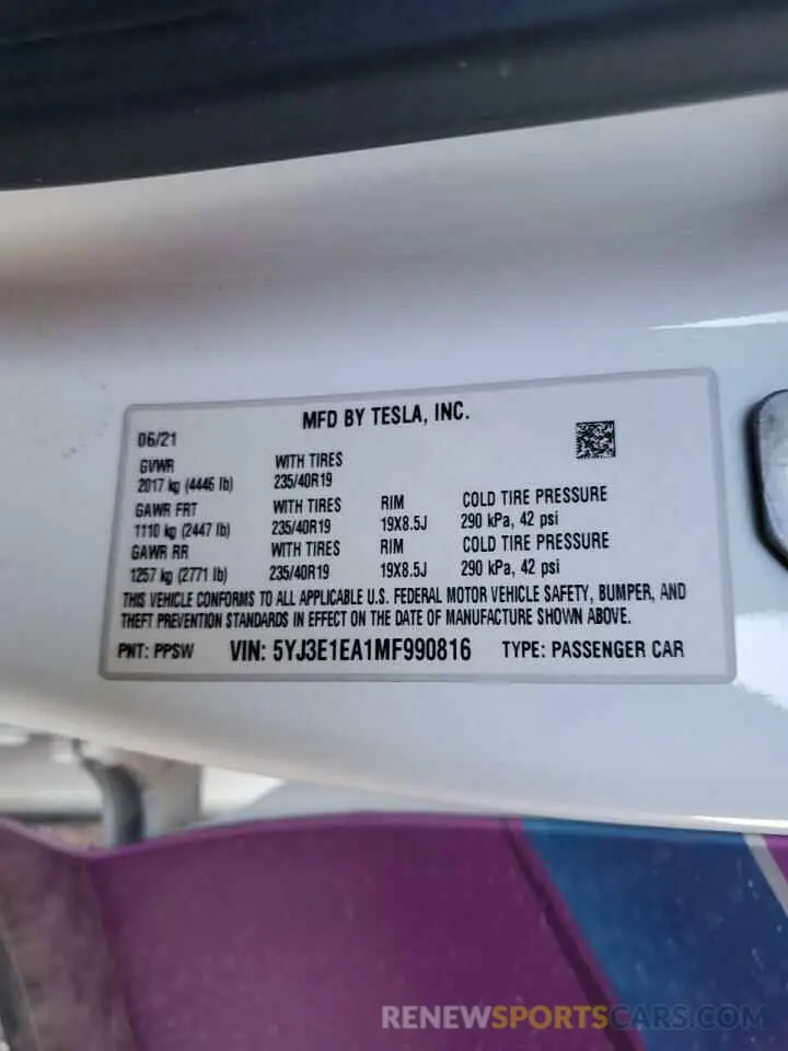 13 Photograph of a damaged car 5YJ3E1EA1MF990816 TESLA MODEL 3 2021