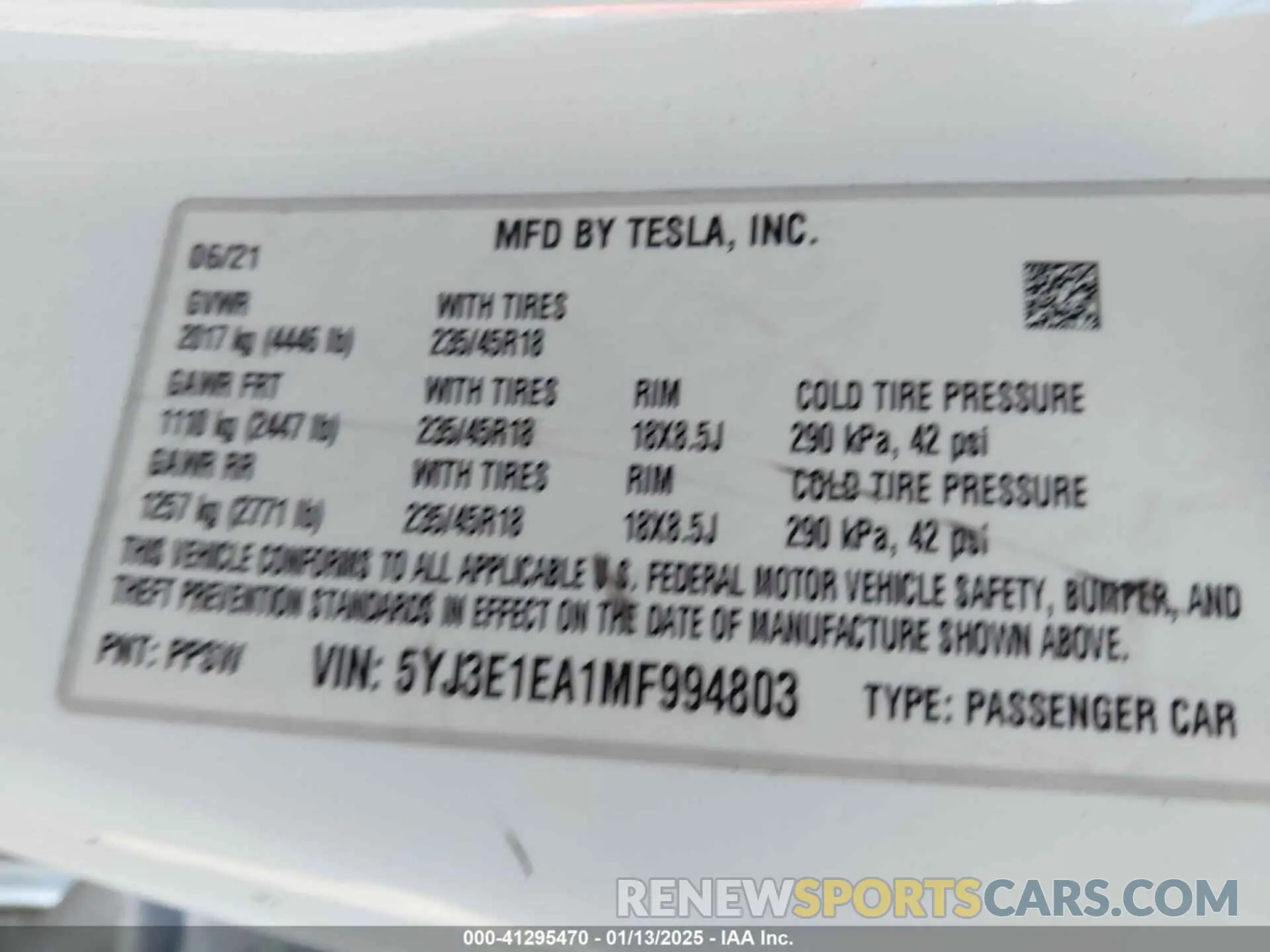8 Photograph of a damaged car 5YJ3E1EA1MF994803 TESLA MODEL 3 2021