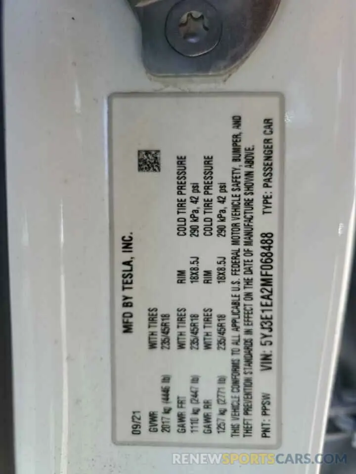13 Photograph of a damaged car 5YJ3E1EA2MF068488 TESLA MODEL 3 2021