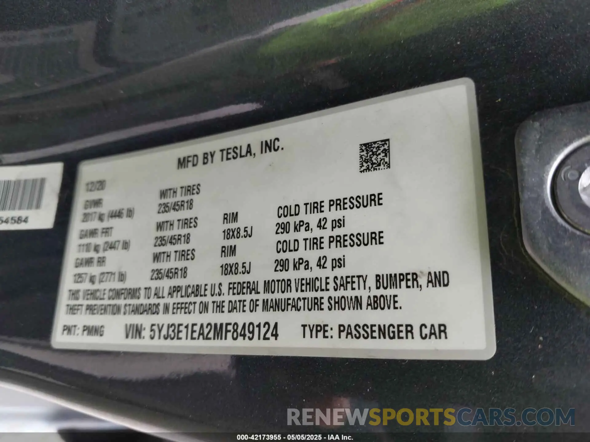 9 Photograph of a damaged car 5YJ3E1EA2MF849124 TESLA MODEL 3 2021