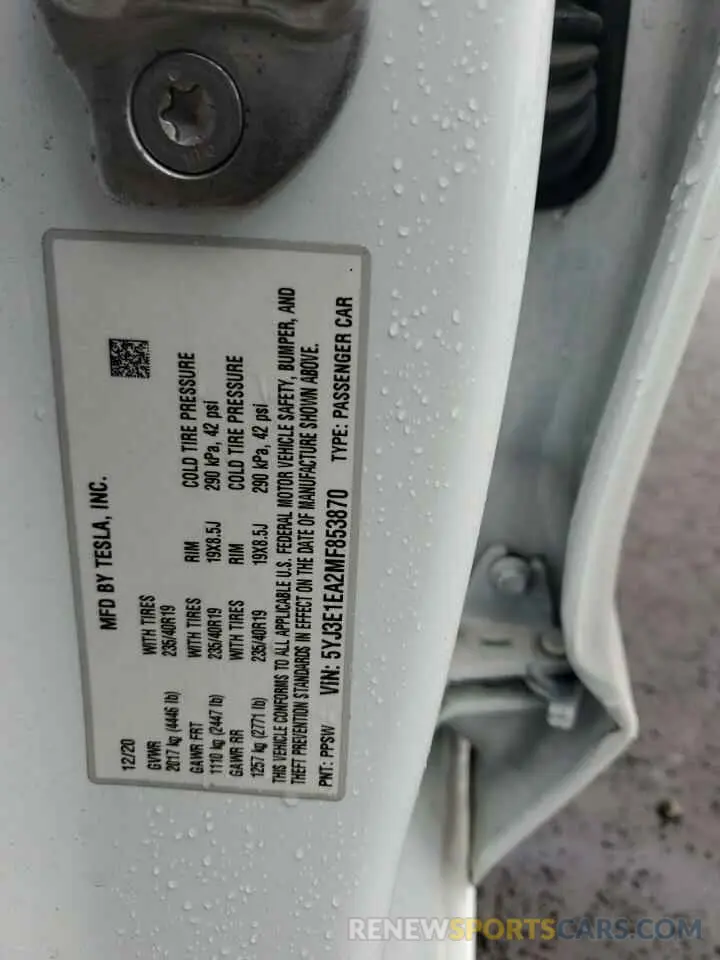 12 Photograph of a damaged car 5YJ3E1EA2MF853870 TESLA MODEL 3 2021