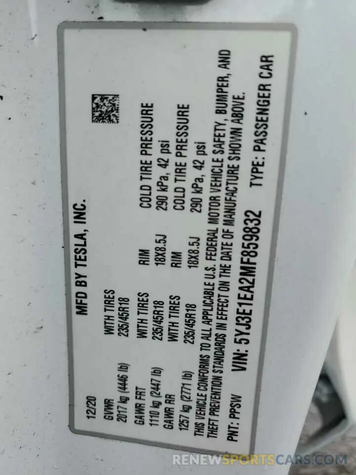12 Photograph of a damaged car 5YJ3E1EA2MF859832 TESLA MODEL 3 2021
