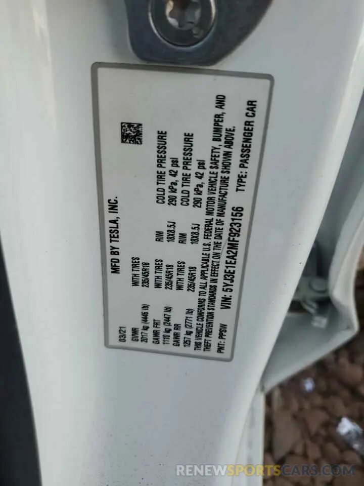 12 Photograph of a damaged car 5YJ3E1EA2MF923156 TESLA MODEL 3 2021
