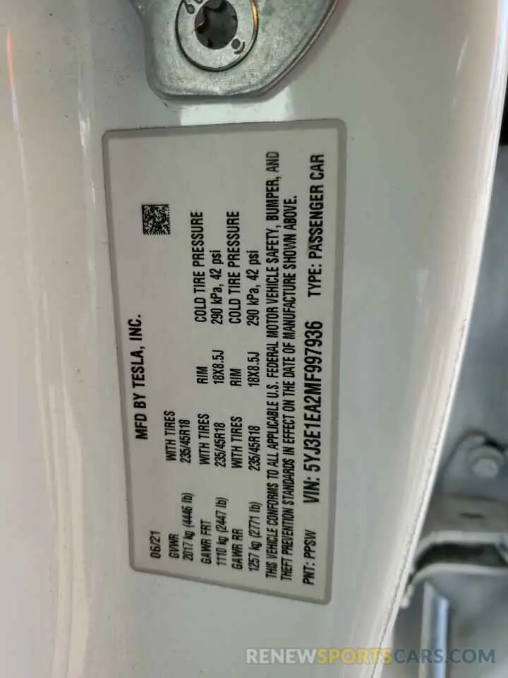 12 Photograph of a damaged car 5YJ3E1EA2MF997936 TESLA MODEL 3 2021