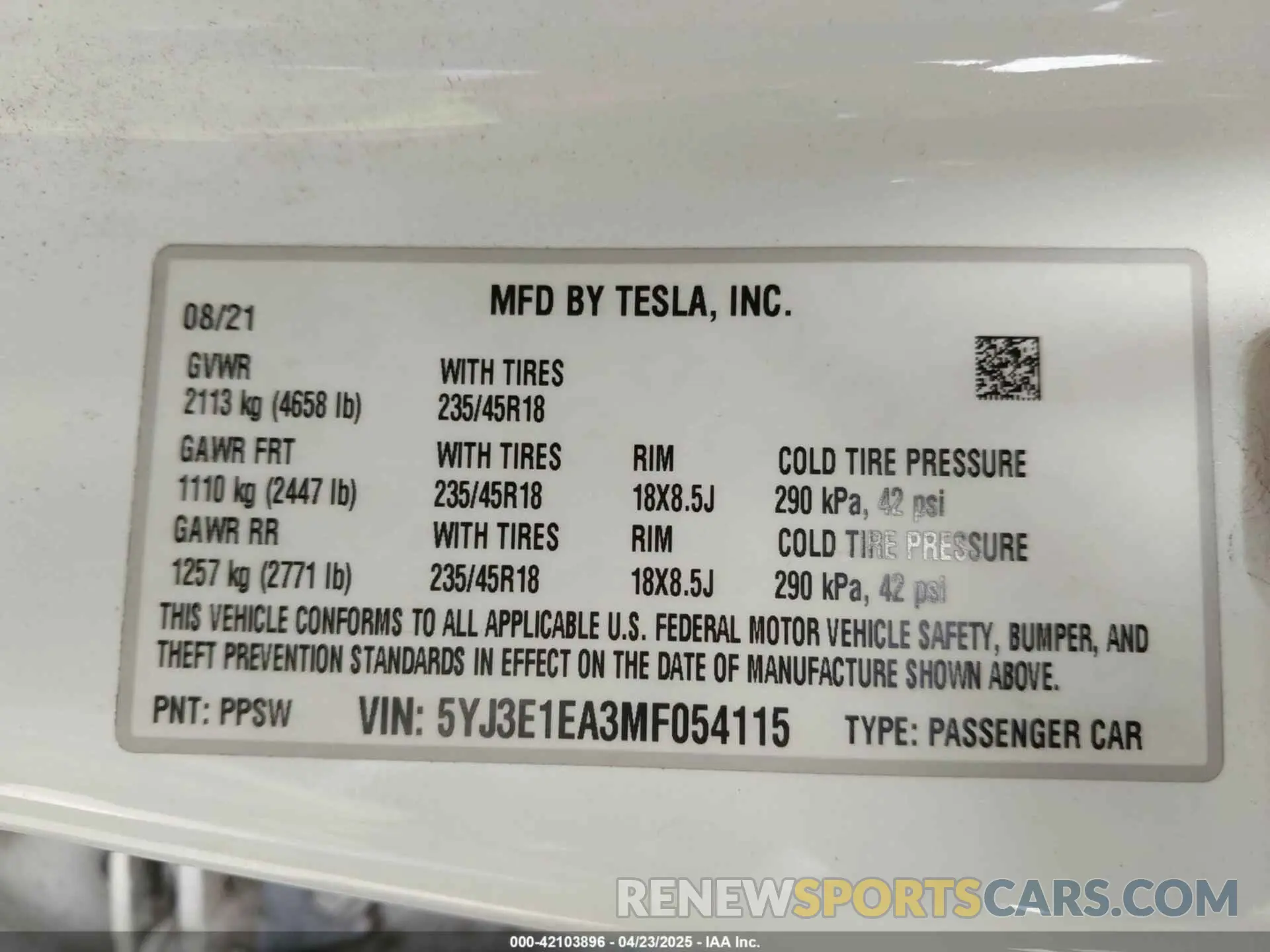 9 Photograph of a damaged car 5YJ3E1EA3MF054115 TESLA MODEL 3 2021
