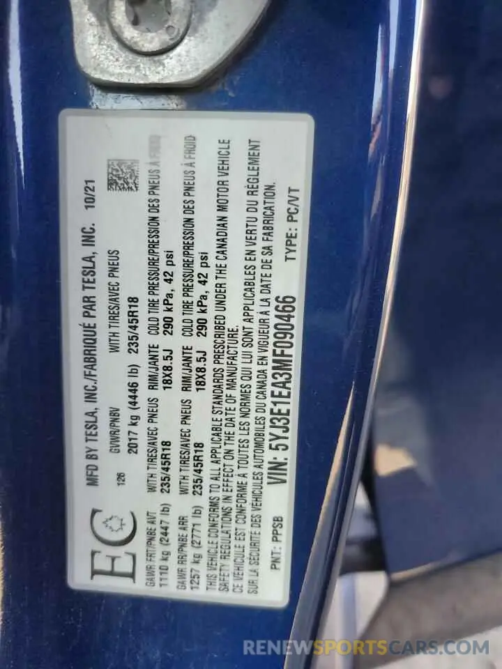 12 Photograph of a damaged car 5YJ3E1EA3MF090466 TESLA MODEL 3 2021
