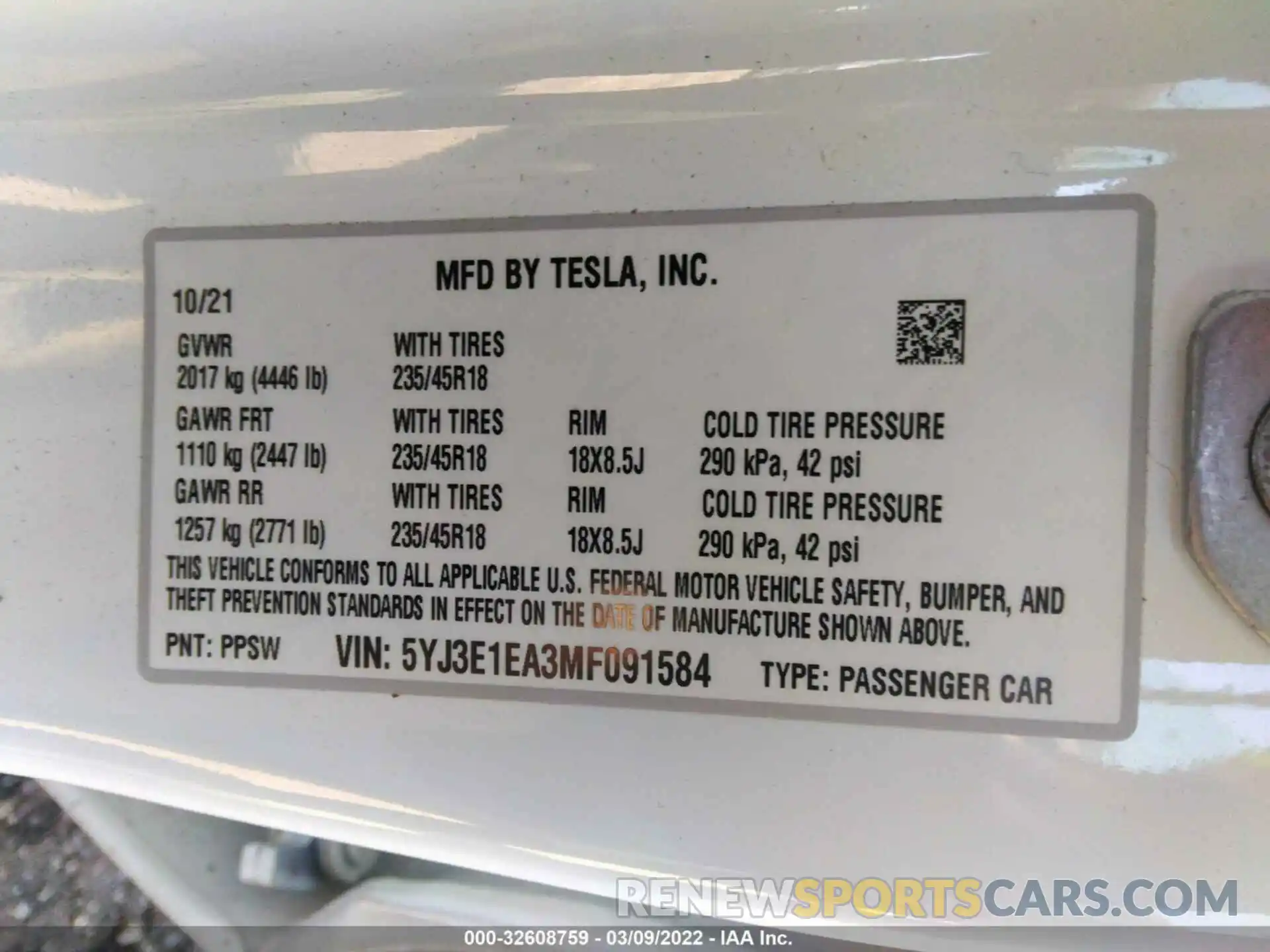 9 Photograph of a damaged car 5YJ3E1EA3MF091584 TESLA MODEL 3 2021