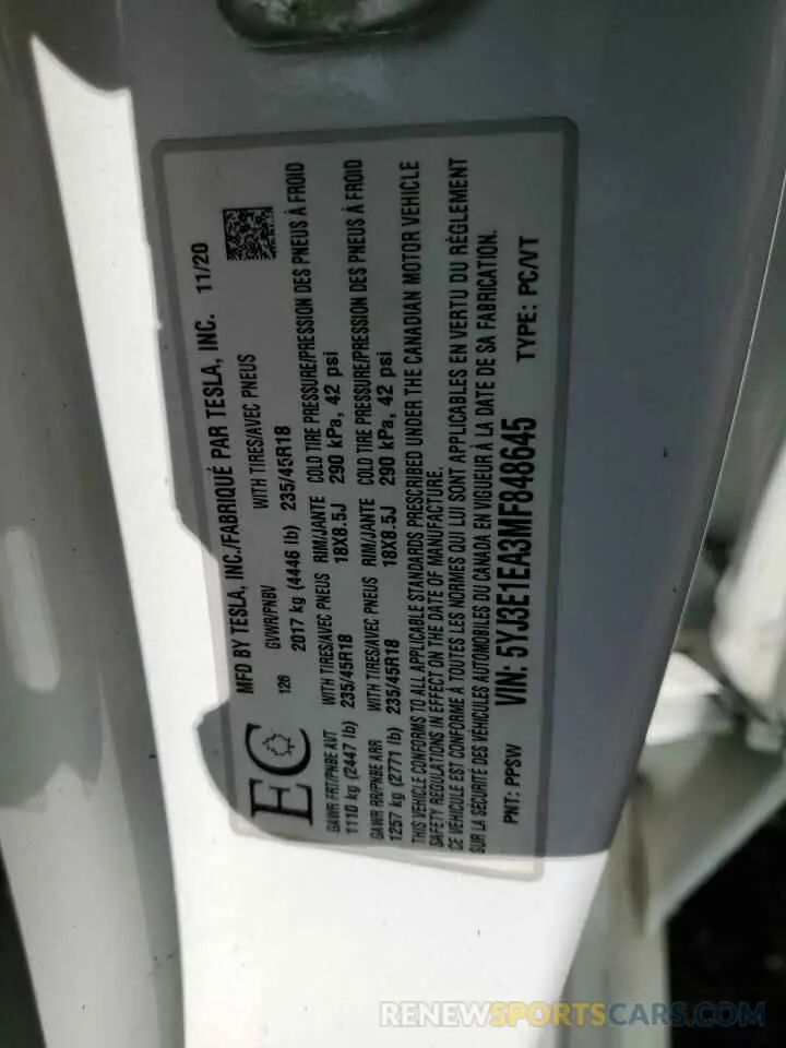 12 Photograph of a damaged car 5YJ3E1EA3MF848645 TESLA MODEL 3 2021