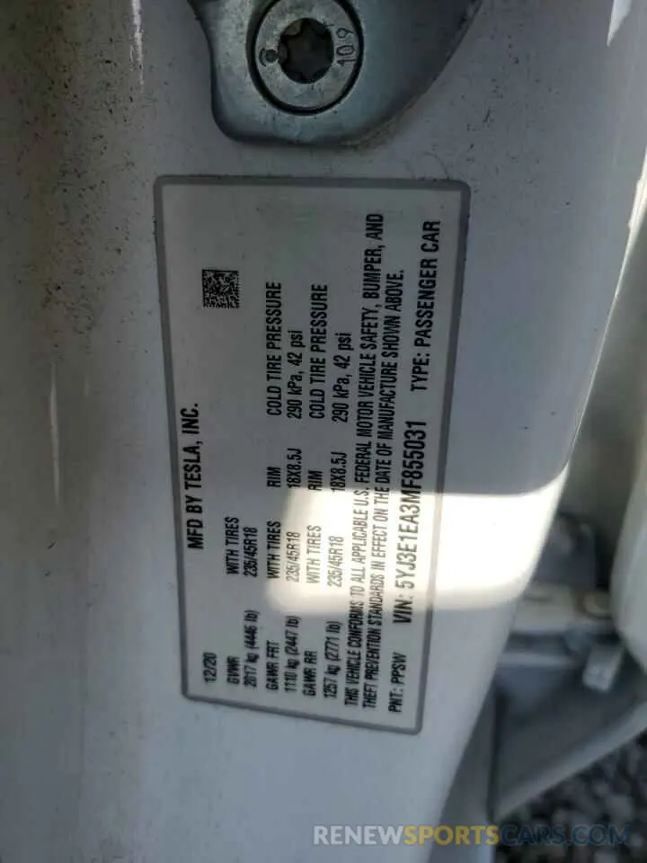 12 Photograph of a damaged car 5YJ3E1EA3MF855031 TESLA MODEL 3 2021