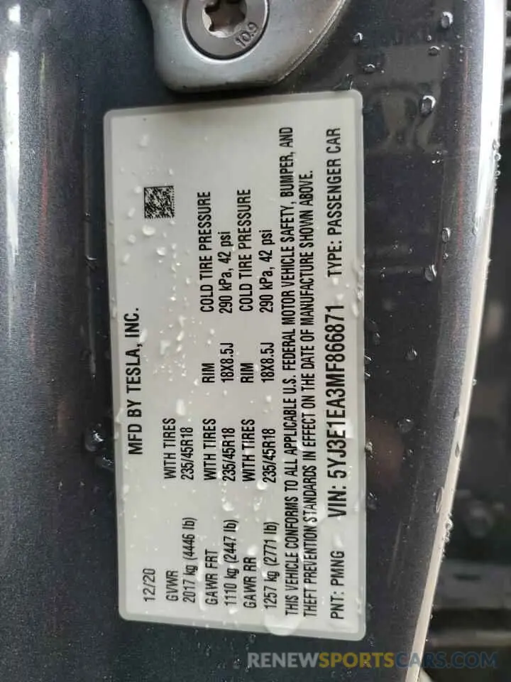13 Photograph of a damaged car 5YJ3E1EA3MF866871 TESLA MODEL 3 2021