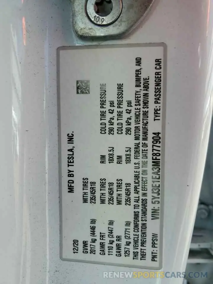13 Photograph of a damaged car 5YJ3E1EA3MF877904 TESLA MODEL 3 2021