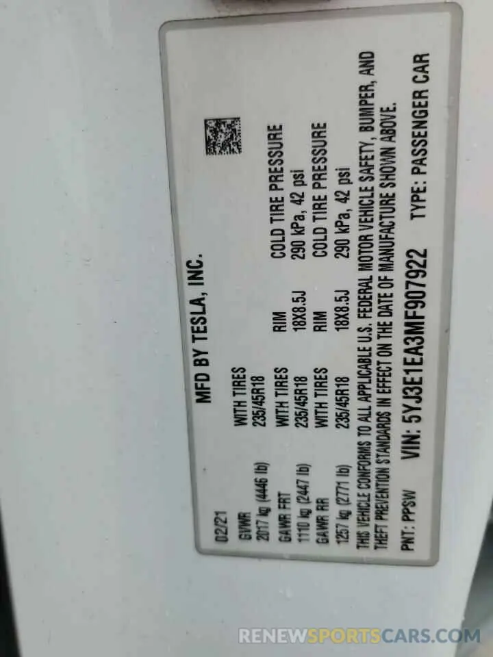 12 Photograph of a damaged car 5YJ3E1EA3MF907922 TESLA MODEL 3 2021