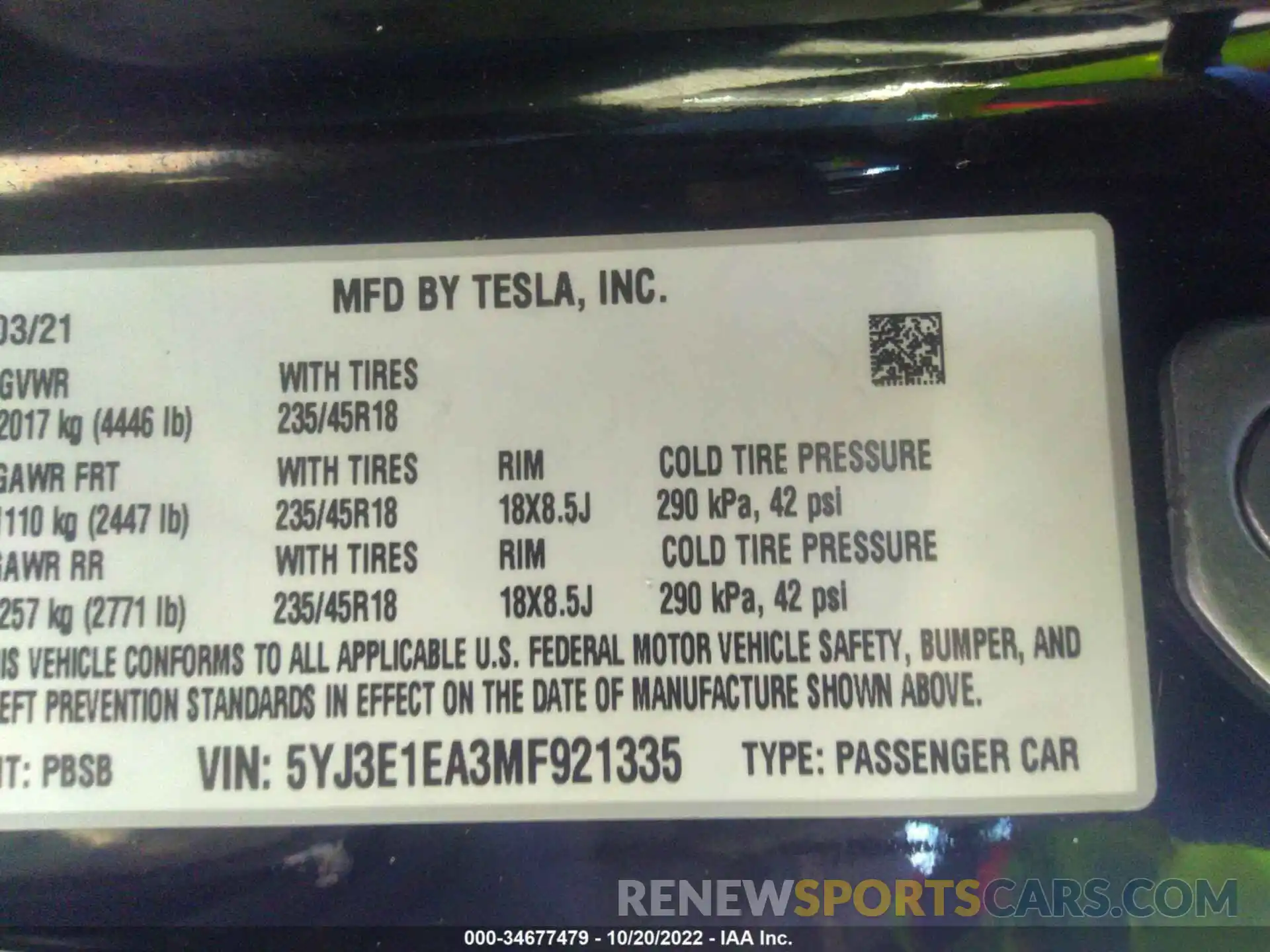 9 Photograph of a damaged car 5YJ3E1EA3MF921335 TESLA MODEL 3 2021