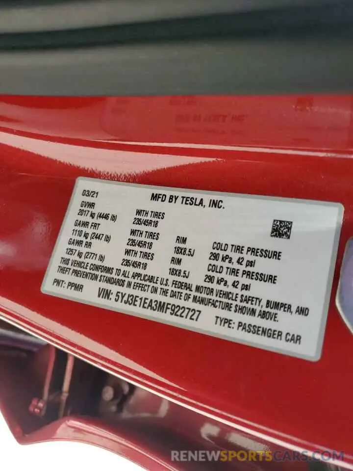 13 Photograph of a damaged car 5YJ3E1EA3MF922727 TESLA MODEL 3 2021