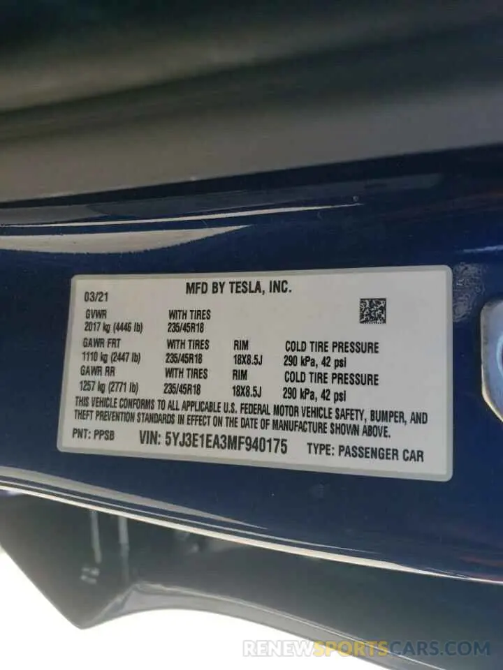 14 Photograph of a damaged car 5YJ3E1EA3MF940175 TESLA MODEL 3 2021