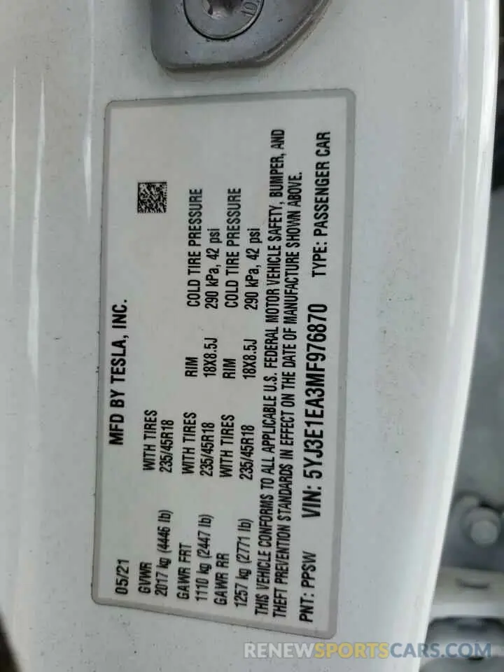 12 Photograph of a damaged car 5YJ3E1EA3MF976870 TESLA MODEL 3 2021