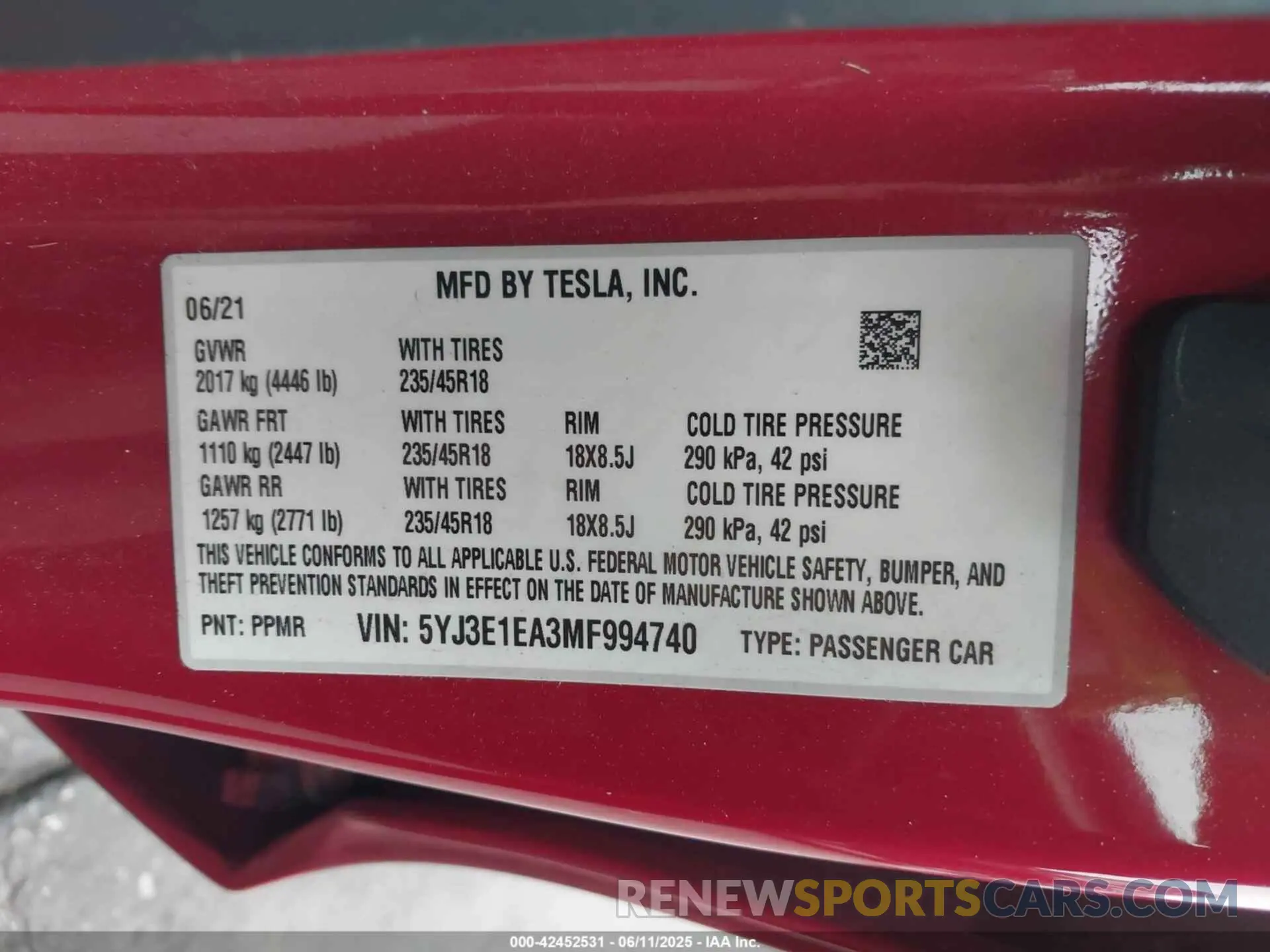 9 Photograph of a damaged car 5YJ3E1EA3MF994740 TESLA MODEL 3 2021