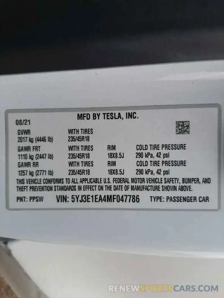 10 Photograph of a damaged car 5YJ3E1EA4MF047786 TESLA MODEL 3 2021